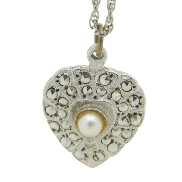 FAS Jewelry - VTG .925 Sterling Silver Marcasite Faux Pearl Heart Pendant Necklace